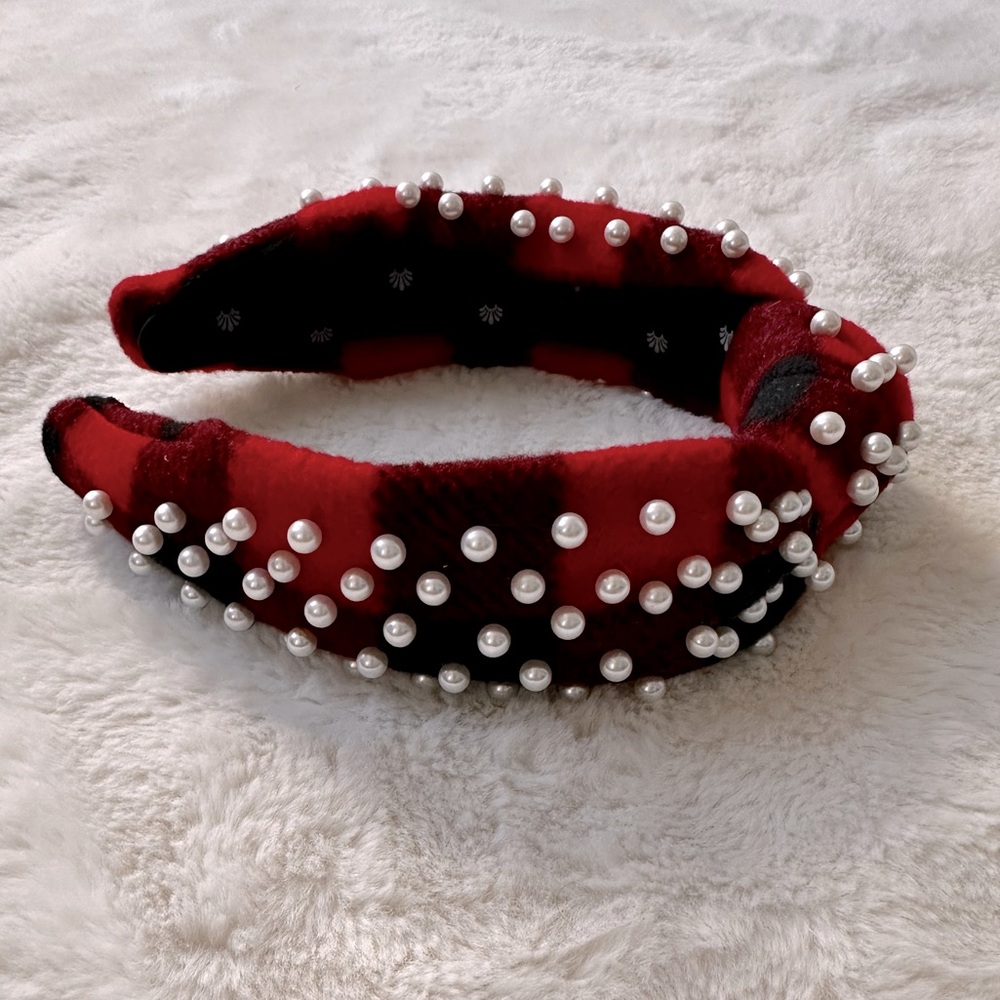 Lele Sadoughi Buffalo Plaid Pearl Knotted Headband